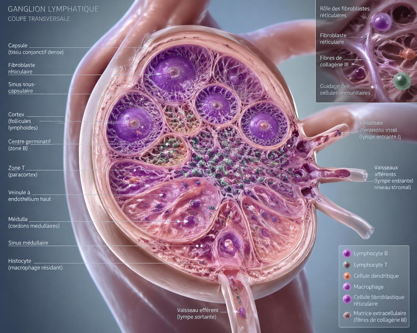 découvrez le rôle clé d'un sous-type de fibroblaste, véritable chef d'orchestre des cellules immunitaires dans les ganglions lymphatiques, et son impact sur la réponse immunitaire.