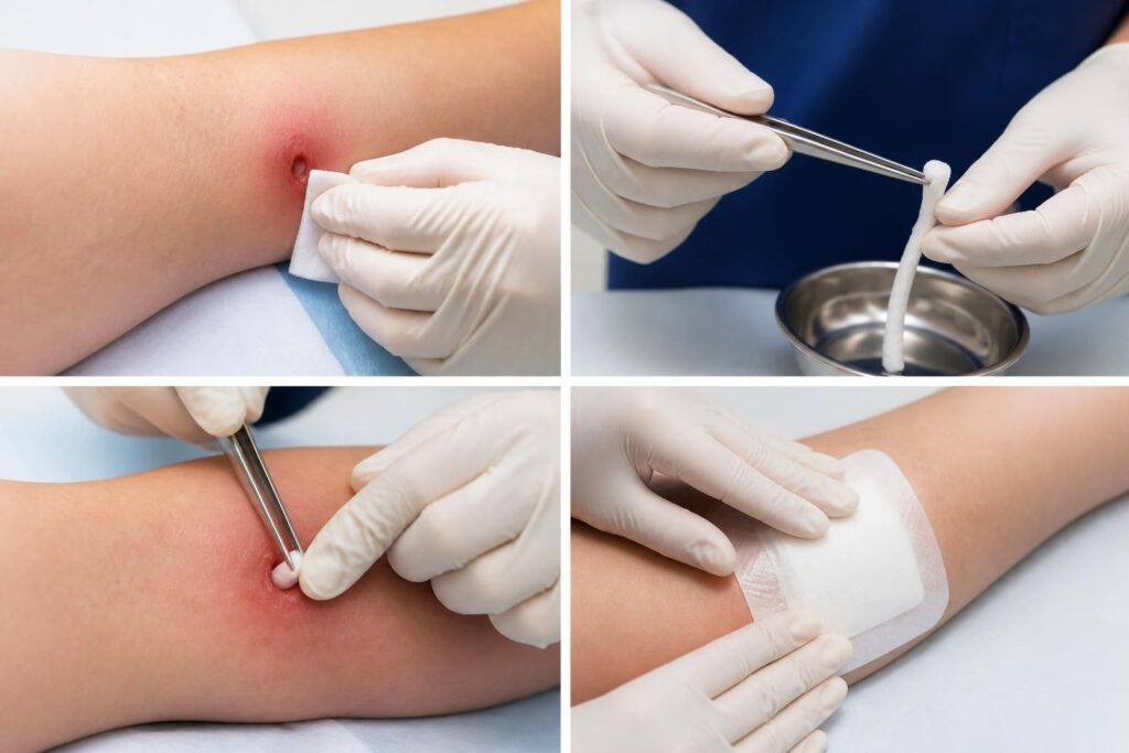 découvrez le protocole étape par étape pour réaliser un pansement avec mèche après un abcès, afin d'assurer une bonne cicatrisation et prévenir les infections.
