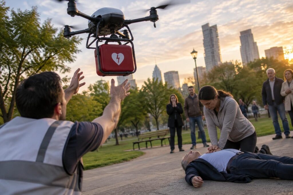 des drones pourraient livrer rapidement des défibrillateurs sur les lieux d’un arrêt cardiaque et contribuer à sauver des vies.